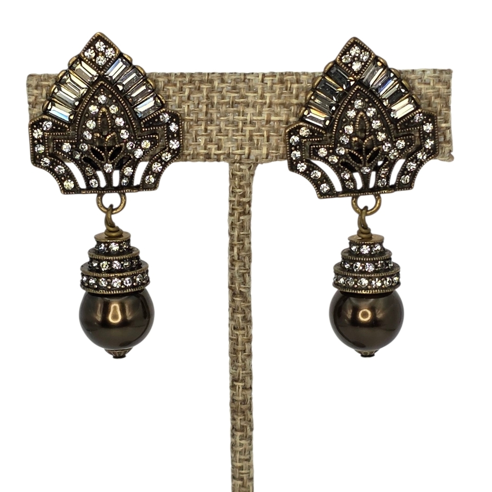 Heidi Daus Rhinestone Clip On Earring Brown Faux Pearl